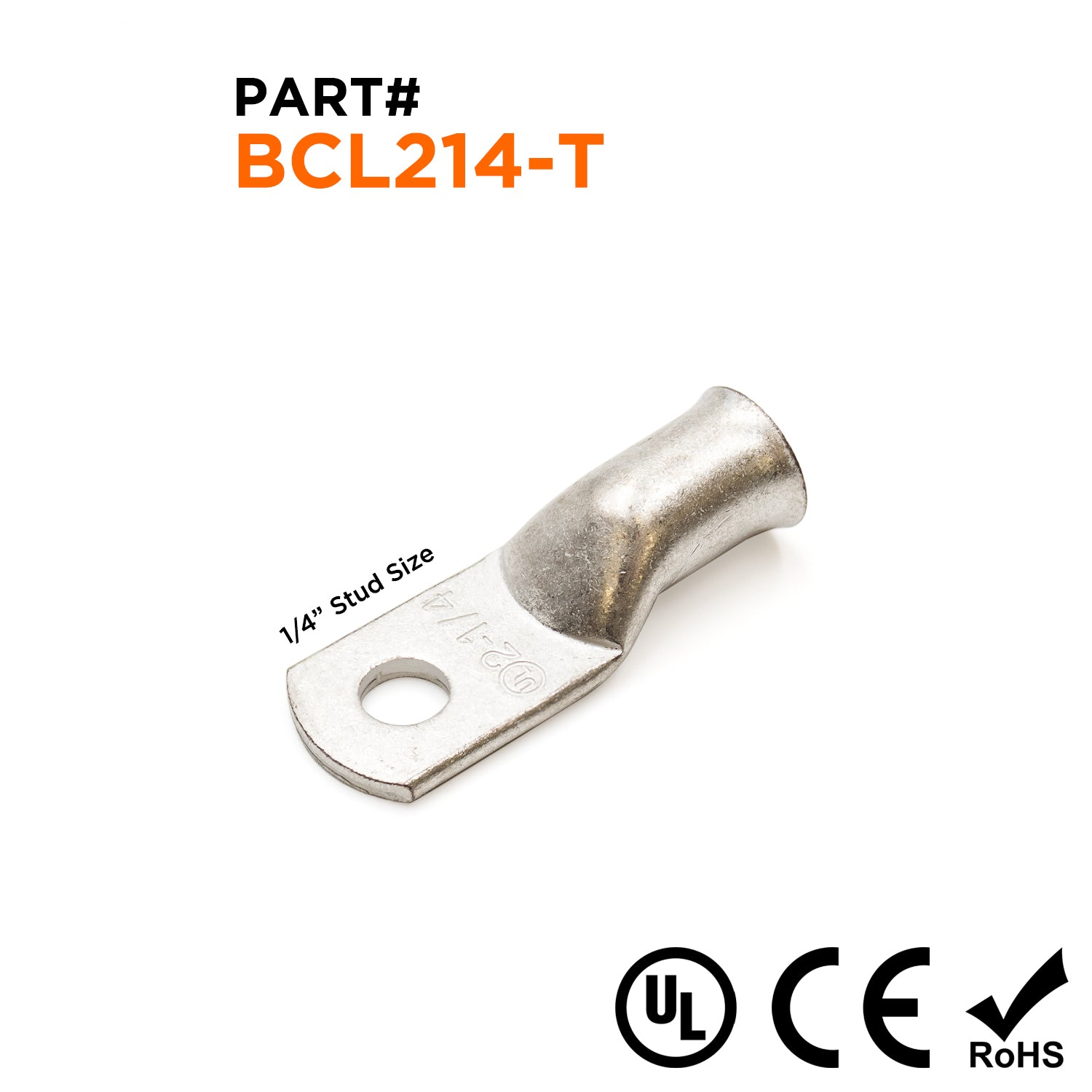 BCL214-T - 2 AWG Battery Cable Lugs, Estañado De cobre, Terminal Lugs, 1/4" Orificio, 1 pieza