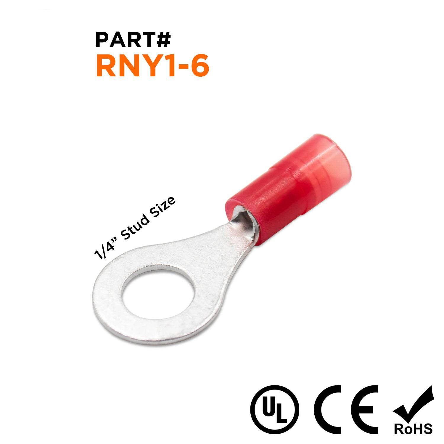 RNY1-6 - 22 a 16 AWG Con aislamiento de nailon Terminales de anillo, 1/4" Orificio, Butted Seam, 100 piezas