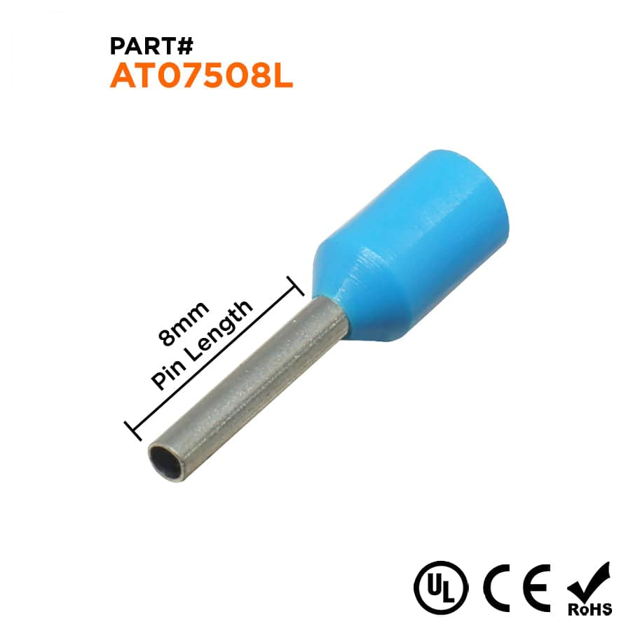 AT07508L - 20 & 18 AWG Single Insulated Wire Ferrules, 8mm Pin, Light Blue, Wide Collar, UL Recognized, 500 Pieces