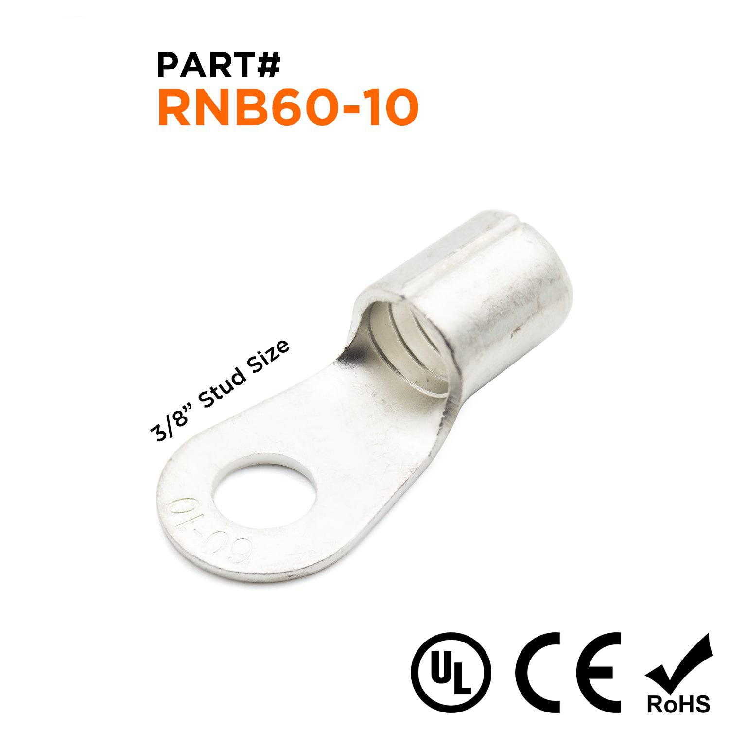 RNB60-10 - 1/0 AWG Non Insulated Ring Terminals, 3/8" Stud, UL Approved, 10 Pieces