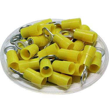 RNYM5-6 - 12 a 10 AWG Con aislamiento de nailon Terminales de anillo, 1/4" Orificio, Amarillo, 50 piezas
