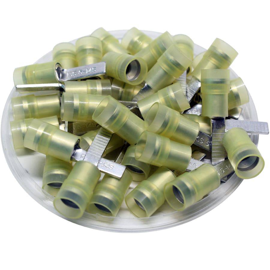 DBNYDS5-14 - 12 to 10 AWG Nylon Flat Blade Terminals, Double Crimp, Yellow, 14mm Pin, 50 Pieces