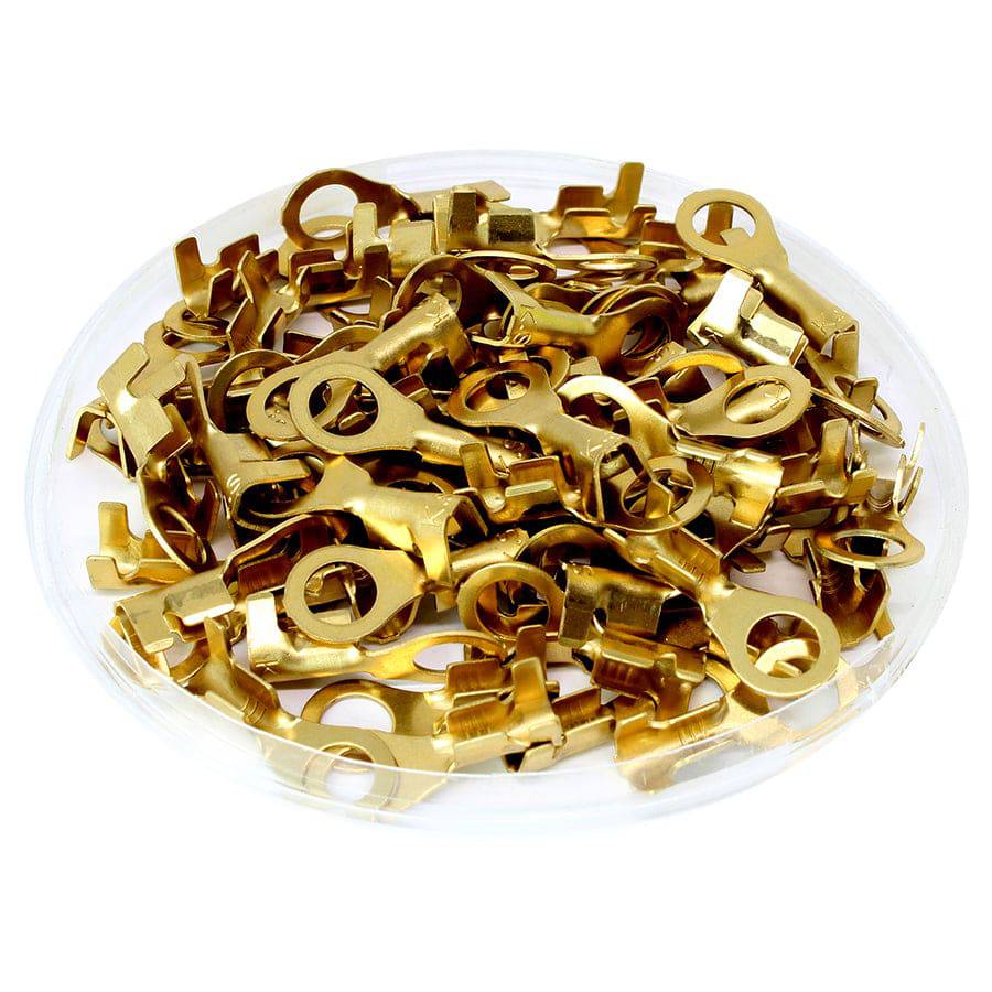 RL050-03B9L - 16 a 14 AWG Open Barrel Brass Terminales de anillo, #10 Orificio, 100 piezas