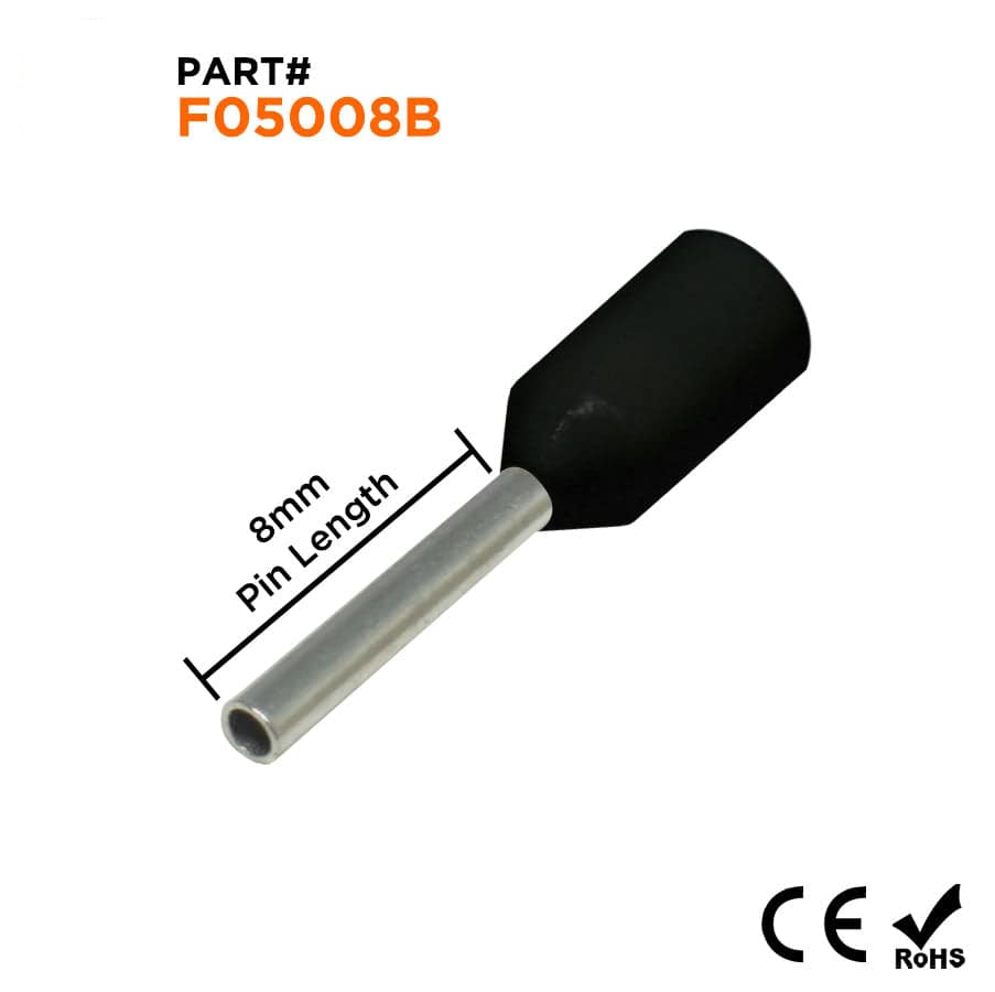 F05008B - 22 AWG Insulated Wire Ferrules, 8mm Pin, Black, 500 Pieces