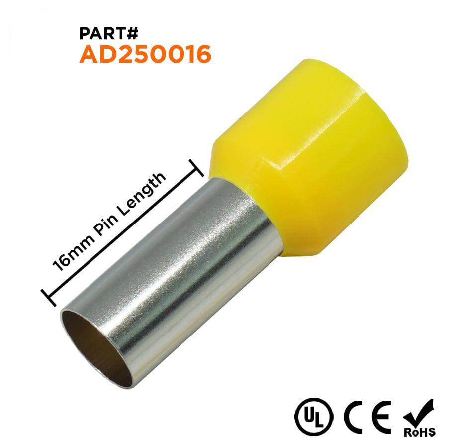 AD250016 - 4 AWG Insulated Wire Ferrules, 16mm Pin, Yellow, UL Recognized, 100 Pieces