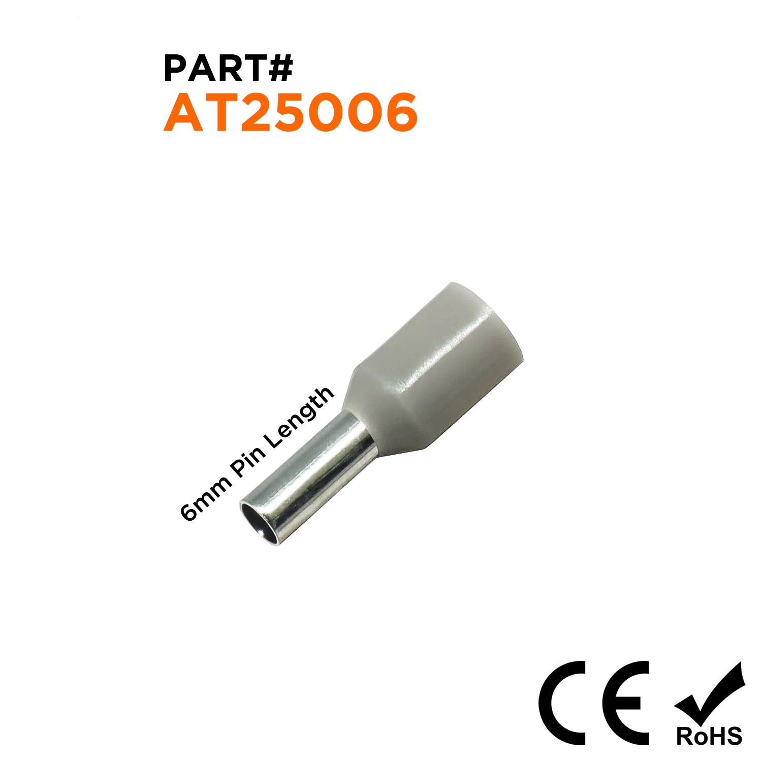 AT25006 - 14 AWG Insulated Wire Ferrules, 6mm Pin, Gray, 500 Pieces