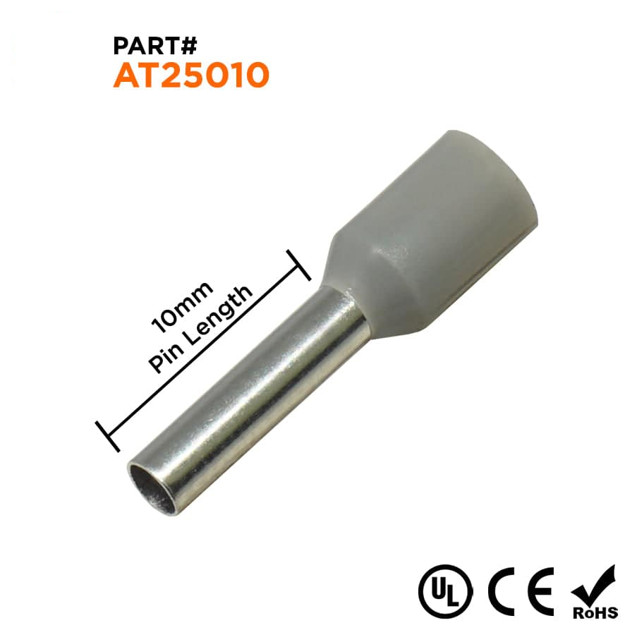 AT25010 - 14 AWG Insulated Punteras, 10mm Pin, Gris, UL Recognized, 500 piezas