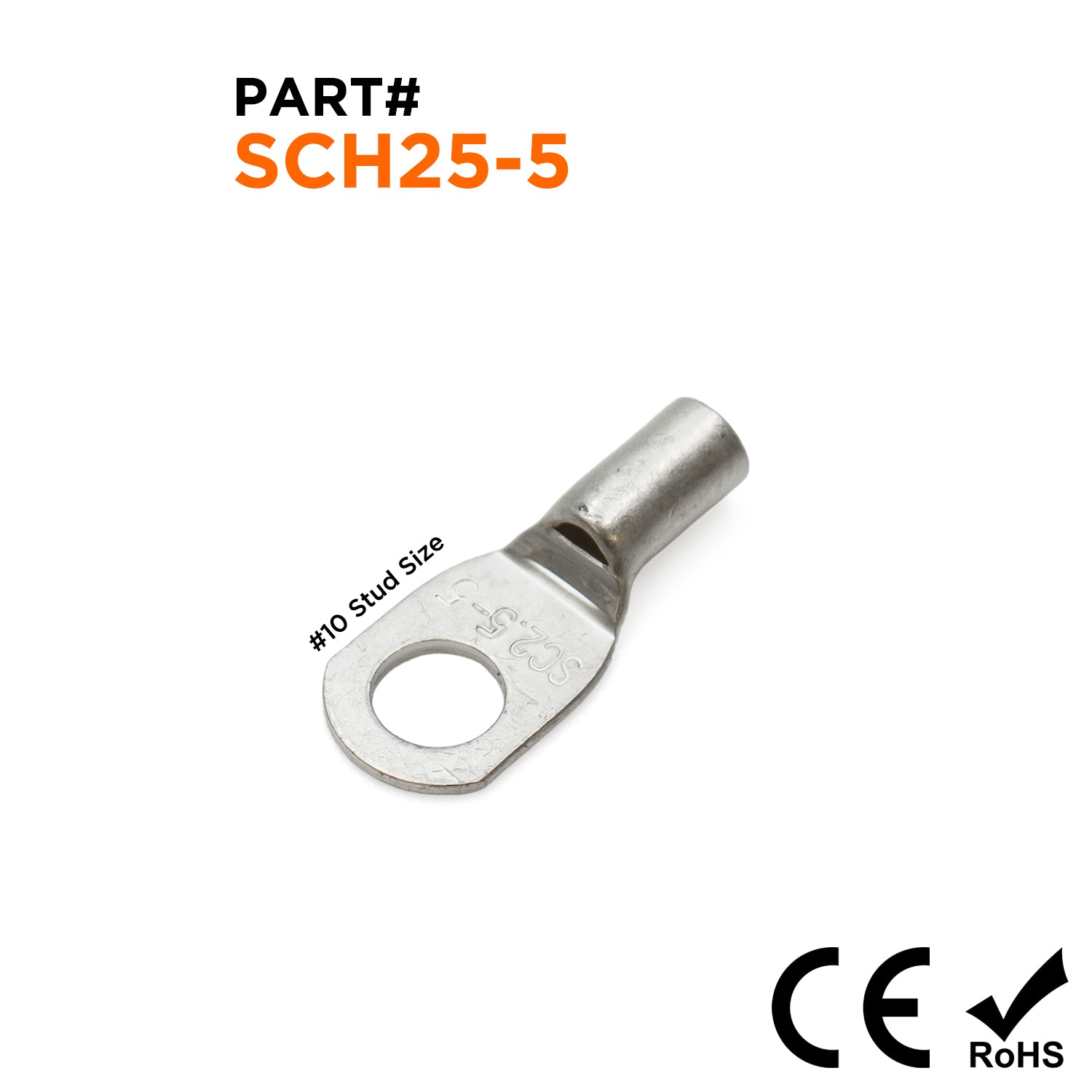 SCH25-5 - 14 AWG Non Insulated Tubular Ring Lugs, #10 Stud, 100 Pieces