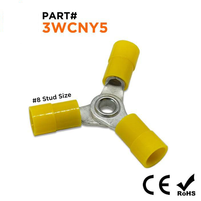 3WCNY5 - 12 to 10 AWG 3-Way Nylon Insulated Ring Terminals, #8 Stud, UL Recognized, 10 Pieces