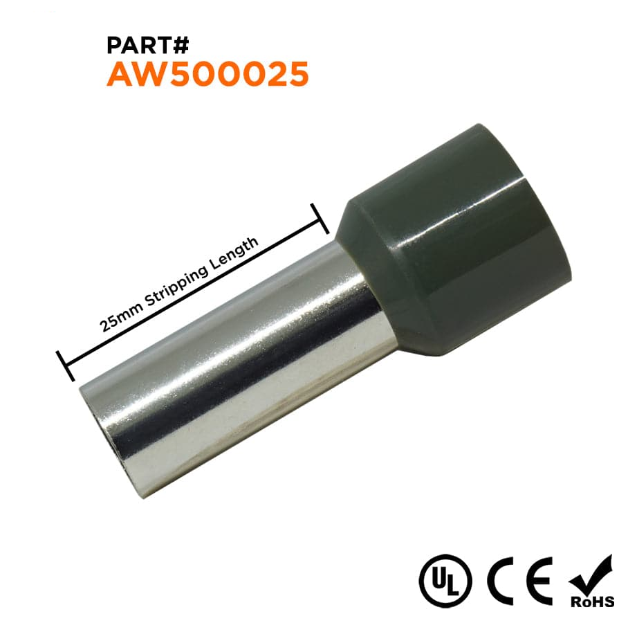 AW500025 - 1 AWG Single Insulated Punteras, 25mm Pin, Olive Verde, UL Recognized, 50 piezas