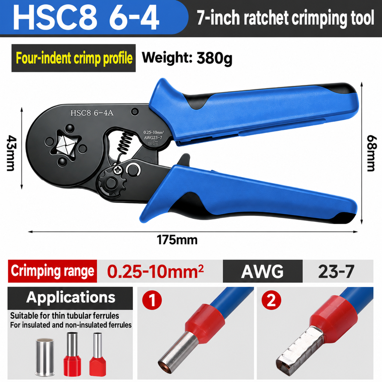 HSC8 6-4A, crimpadora de carraca para punteras, 0,25–10 mm²