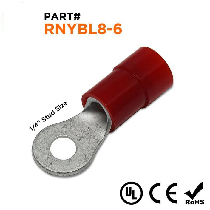 RNYBL8-6 - 8 AWG Nylon Insulated Ring Terminals, 1/4" Stud, Brazed Seam, 50 Pieces