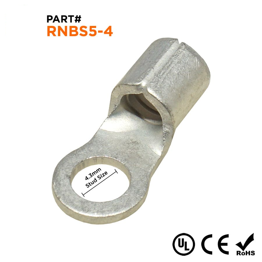 RNBS5-4 - 12 to 10 AWG Non Insulated Ring Terminals, #8 Stud, UL Recognized, 100 Pieces