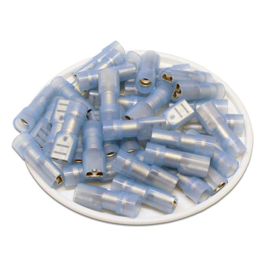 FDFNYD2-187(5) - 16 a 14 AWG Con aislamiento de nailon Terminales de desconexión rápida, Female, Totalmente aislados, Azul, Double Crimp, 100 piezas