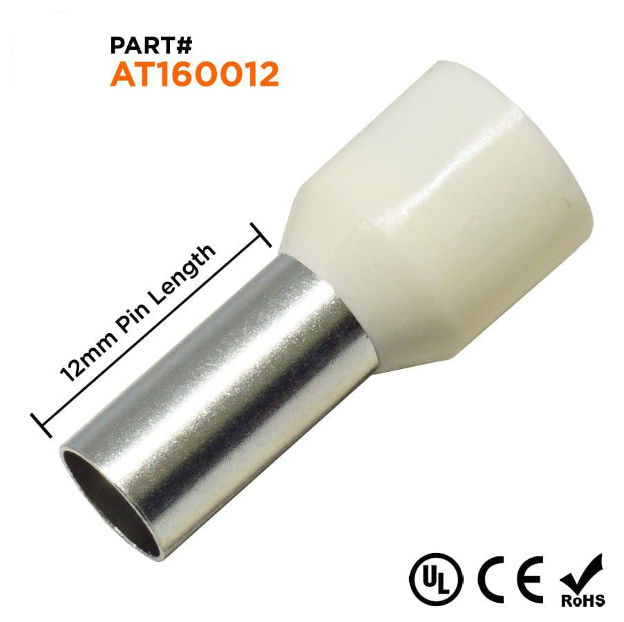 AT160012 - 6 AWG Insulated Punteras, 12mm Pin, Blanco, UL Recognized, 100 piezas