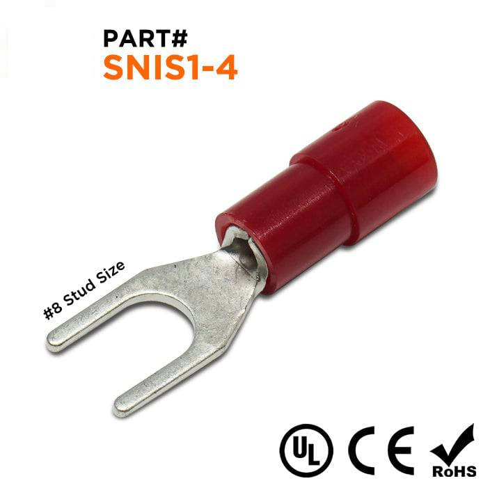SNIS1-4 - 22 to 16 AWG Polycarbonate Spade Terminals, #8 Stud, 100 Pieces