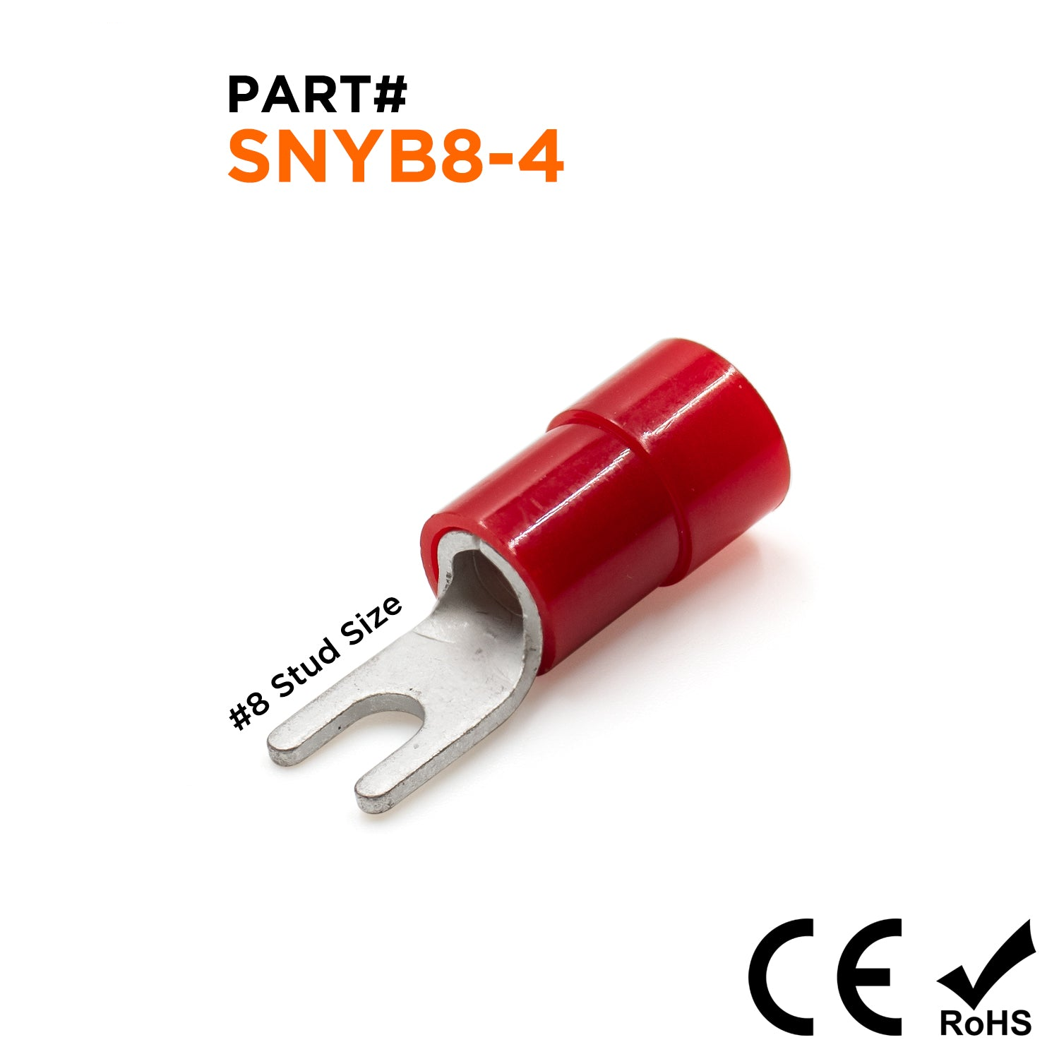SNYB8-4 - 8 AWG Con aislamiento de nailon Terminales de horquilla, #8 Tamaño del orificio, Rojo, 50 piezas