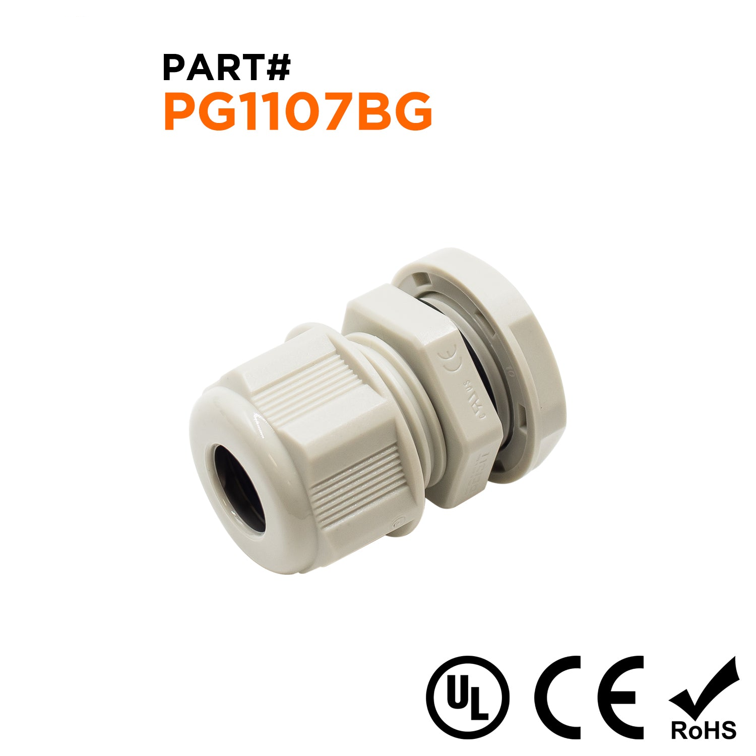 P1107BG - PG11 Thread Nylon Cable Gland, Beige, Range: 1/8" to 1/4", UL Listed, IP68, IP69K - 1 Piece