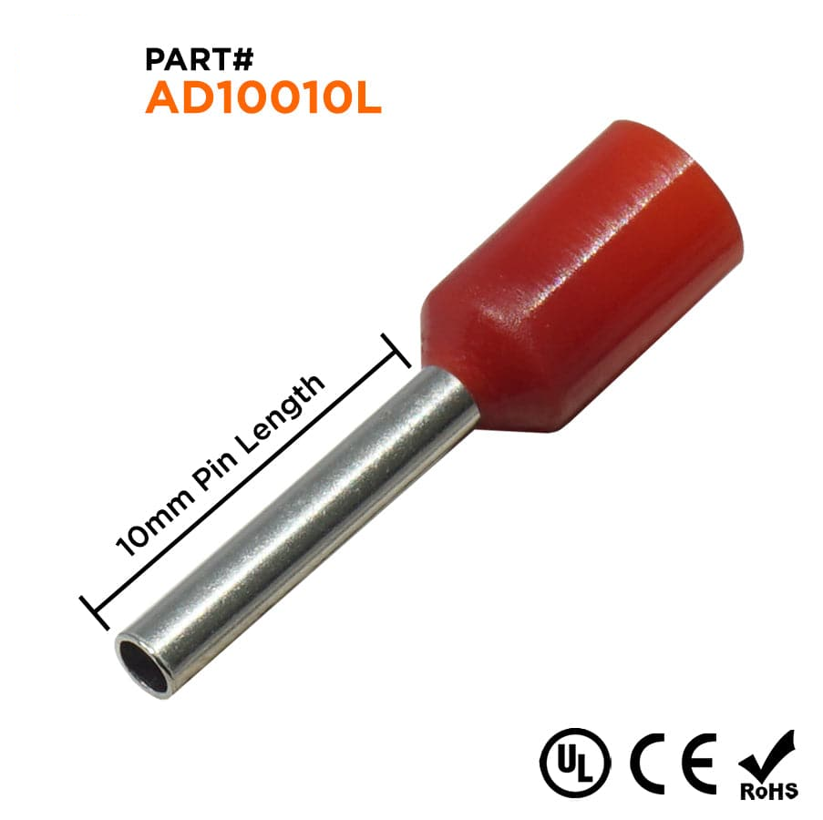 AD10010L - 18 & 17 AWG Insulated Wire Ferrules, 10mm Pin, Red, Wide Collar, 500 Pieces