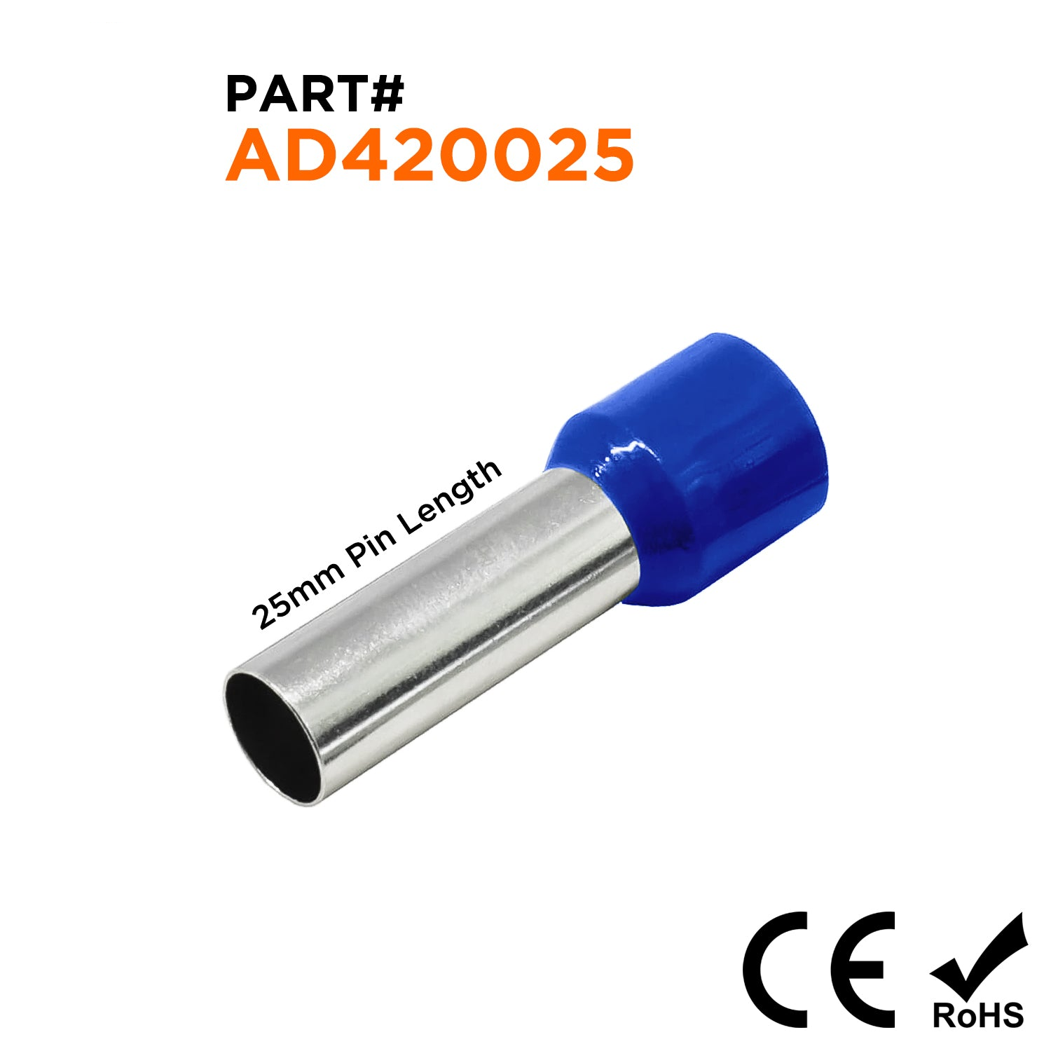 AD420025 - 1 AWG (Small Diameter) Insulated Punteras, 25mm Pin, Azul, 50 piezas