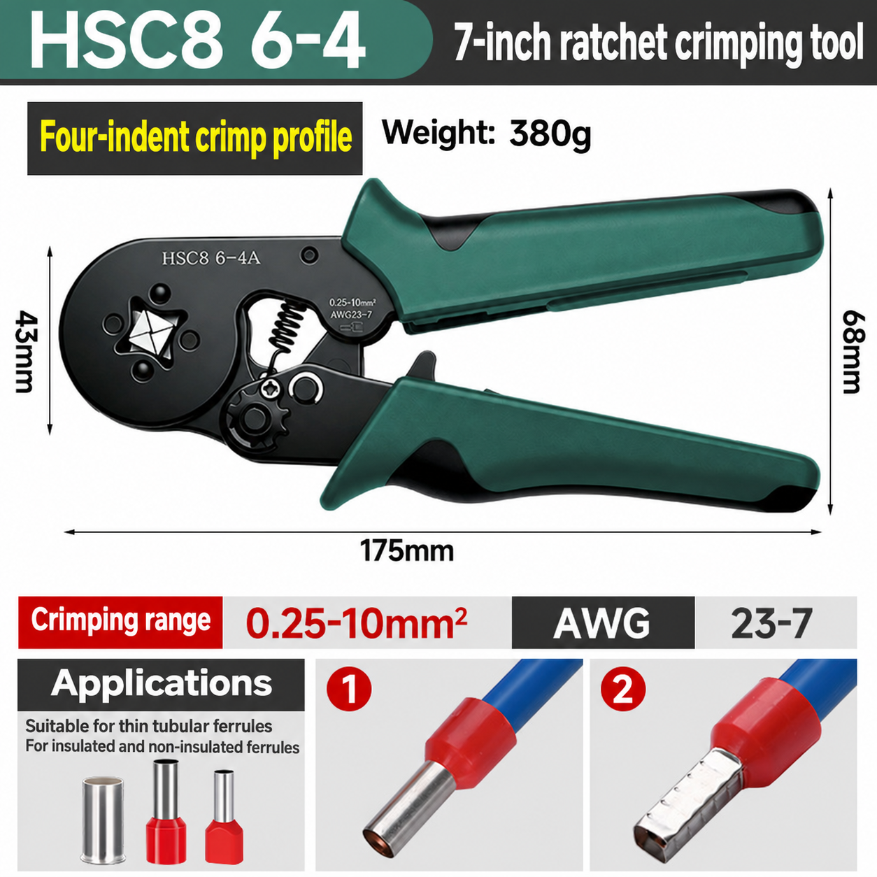 HSC8 6-4A, crimpadora de carraca para punteras, 0,25–10 mm²