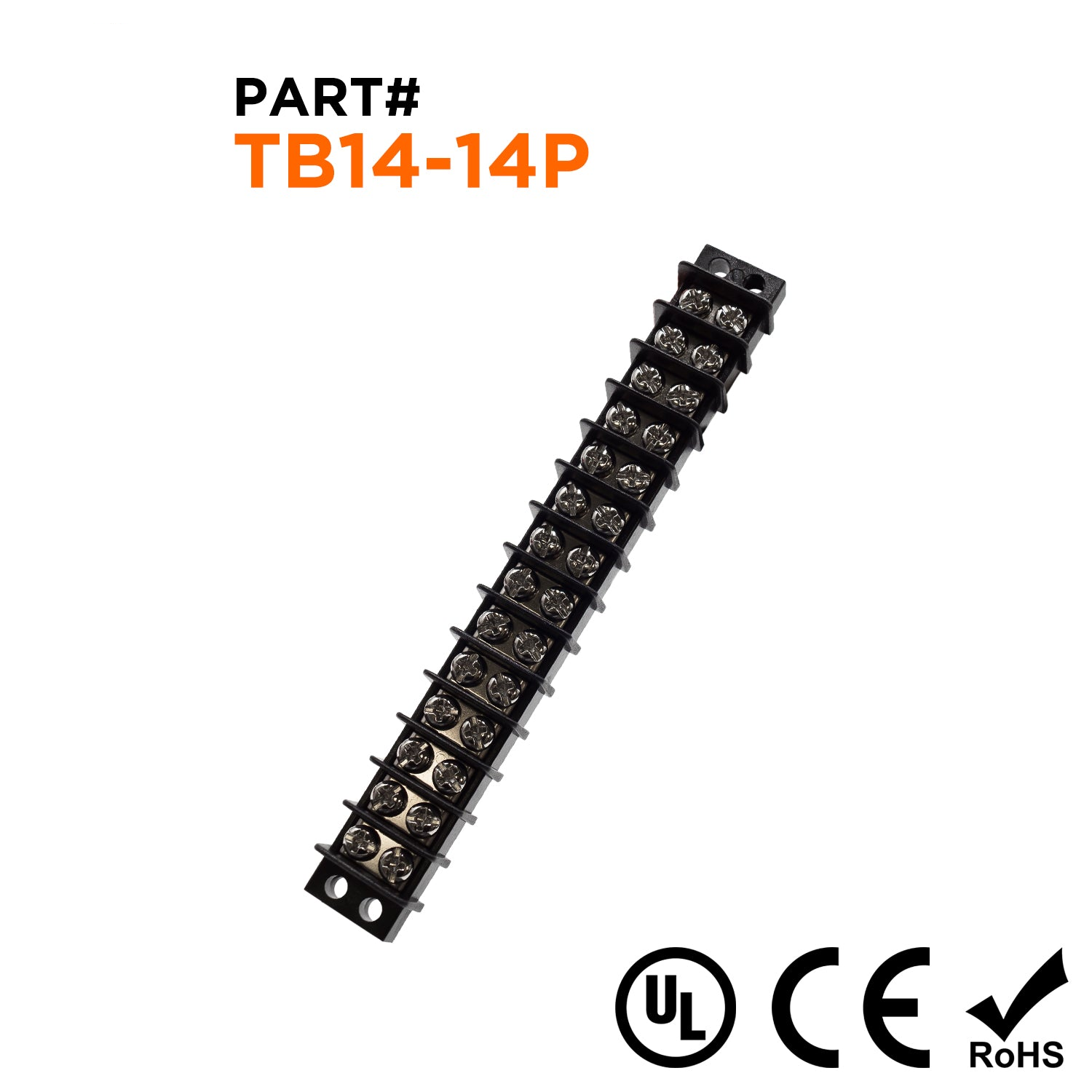 TB14-14P - Barrier Strip Terminal Block, Terminal Strip, 14 Pole, Double Row, 15A, 300V, UL Approved, 1 Piece