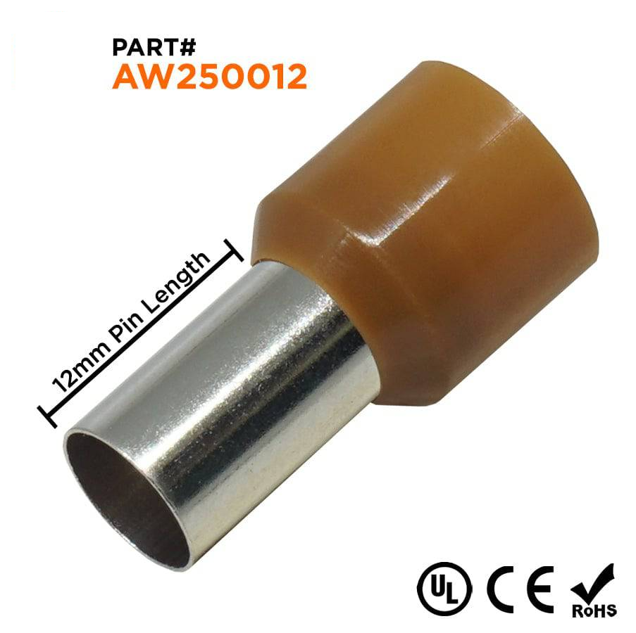 AW250012 - 4 AWG Insulated Wire Ferrules, 12mm Pin, Brown, UL Recognized, 100 Pieces