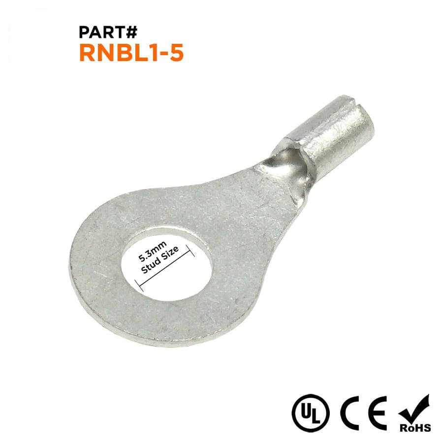 RNBL1-5 - 22 a 16 AWG Sin aislamiento Terminales de anillo, #10 Orificio, UL Recognized, 100 piezas