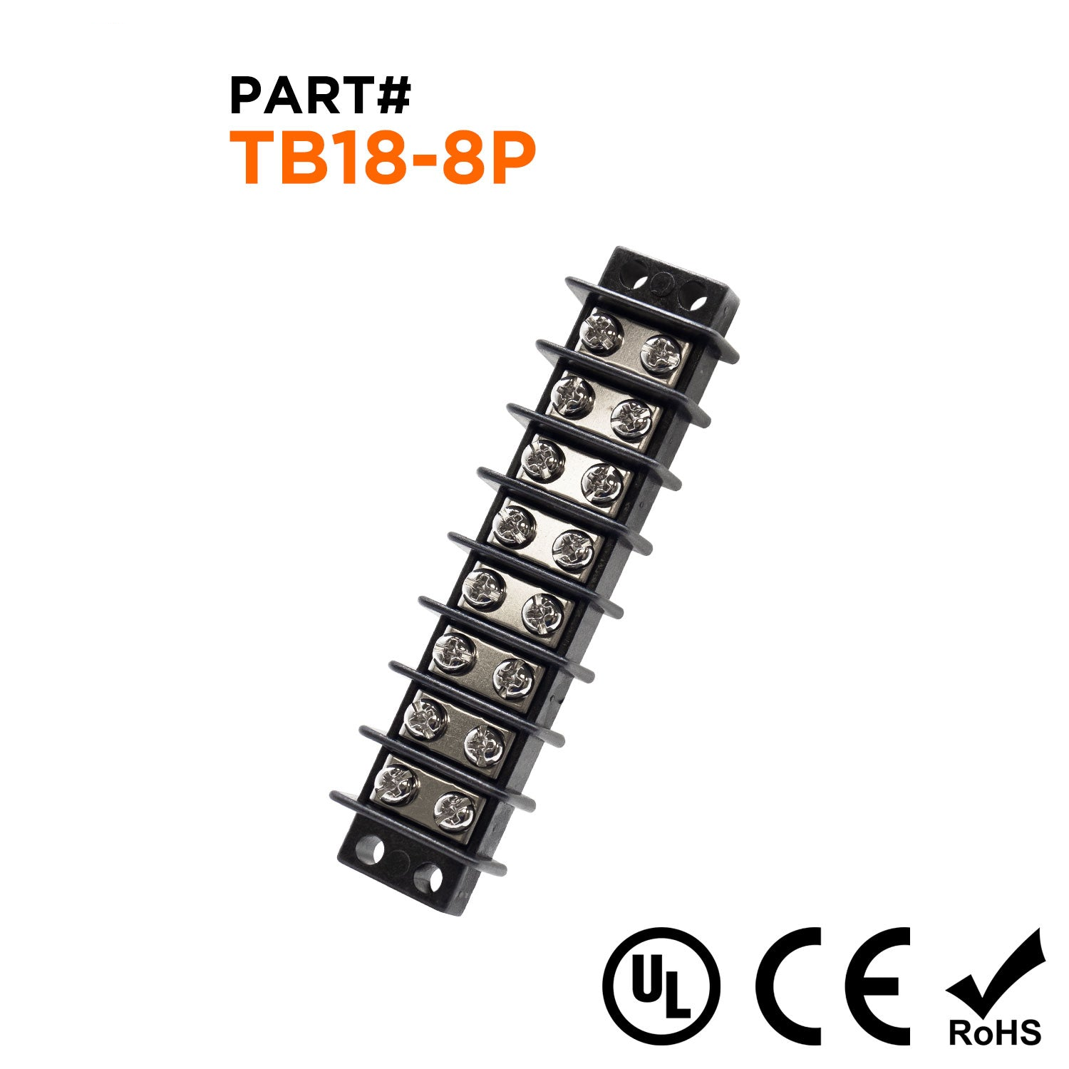 TB18-8P - Barrier Strip Terminal Block, Terminal Strip, 8 Pole, Double Row, 20A, 300V, UL Approved, 1 Piece