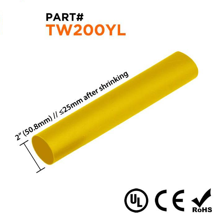 TW200YL - 2" De pared fina Tubo termorretráctil, 2:1 Relación de contracción, Amarillo, Sold Per Foot