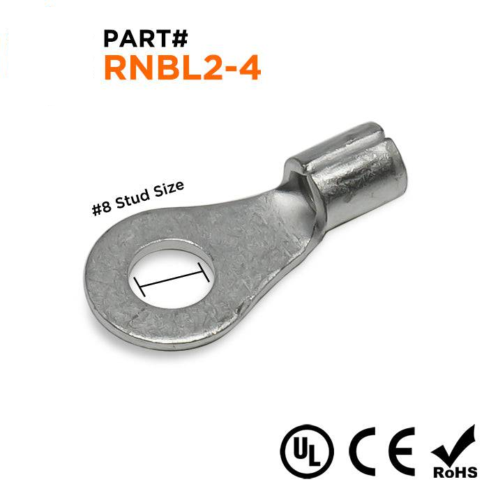 RNBL2-4 - 16 a 14 AWG Sin aislamiento Terminales de anillo, #8 Orificio, UL Recognized, 100 piezas