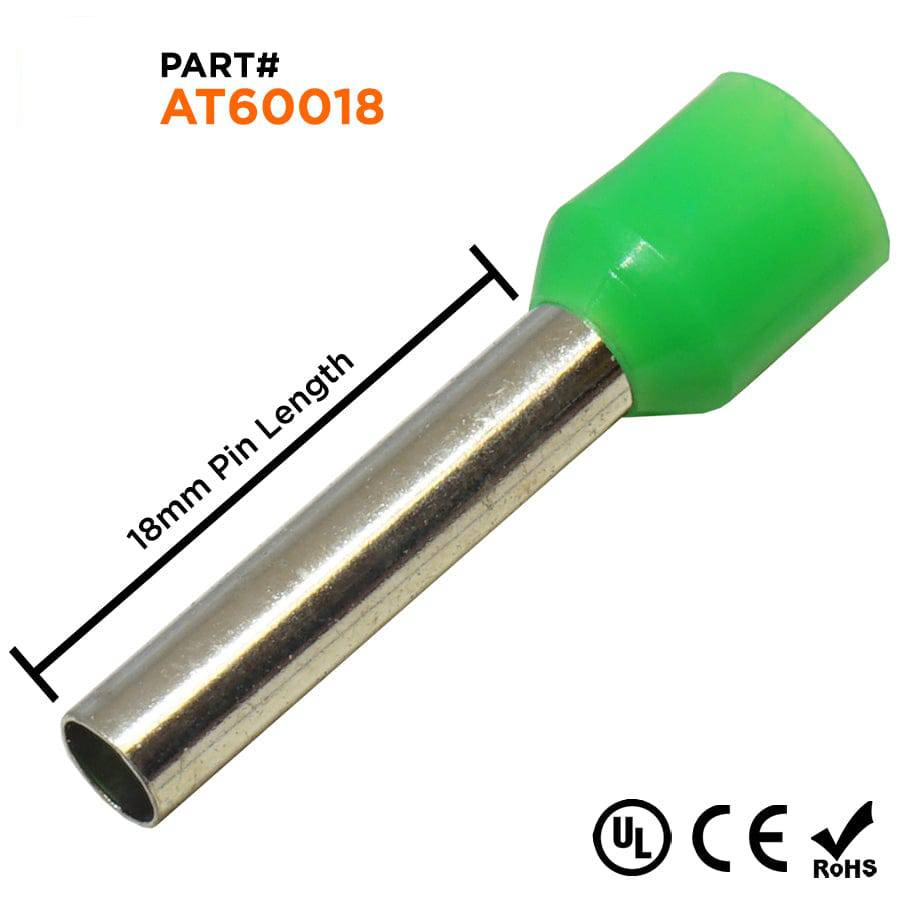 AT60018 - 10 AWG Insulated Wire Ferrules, 18mm Pin, Green, UL Recognized, 100 Pieces