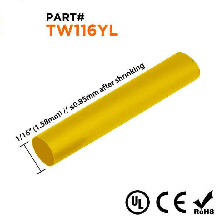 TW116YL - 1/16" De pared fina Tubo termorretráctil, 2:1 Relación de contracción, Amarillo, Bobina de 500ft