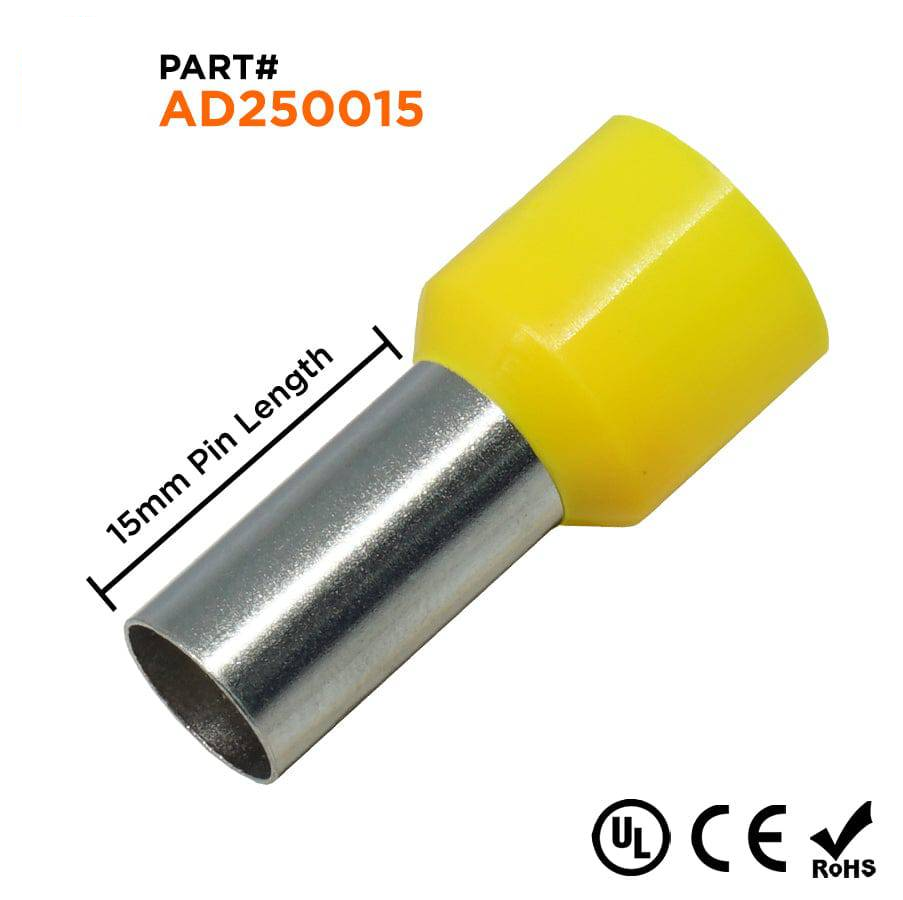 AD250015 - 4 AWG Insulated Wire Ferrules, 15mm Pin, Yellow, UL Recognized, 100 Pieces