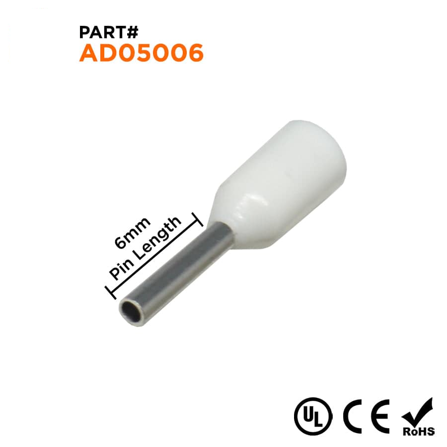 AD05006 - 22 & 20 AWG Insulated Wire Ferrules, 6mm Pin, White, UL Recognized, 500 Pieces