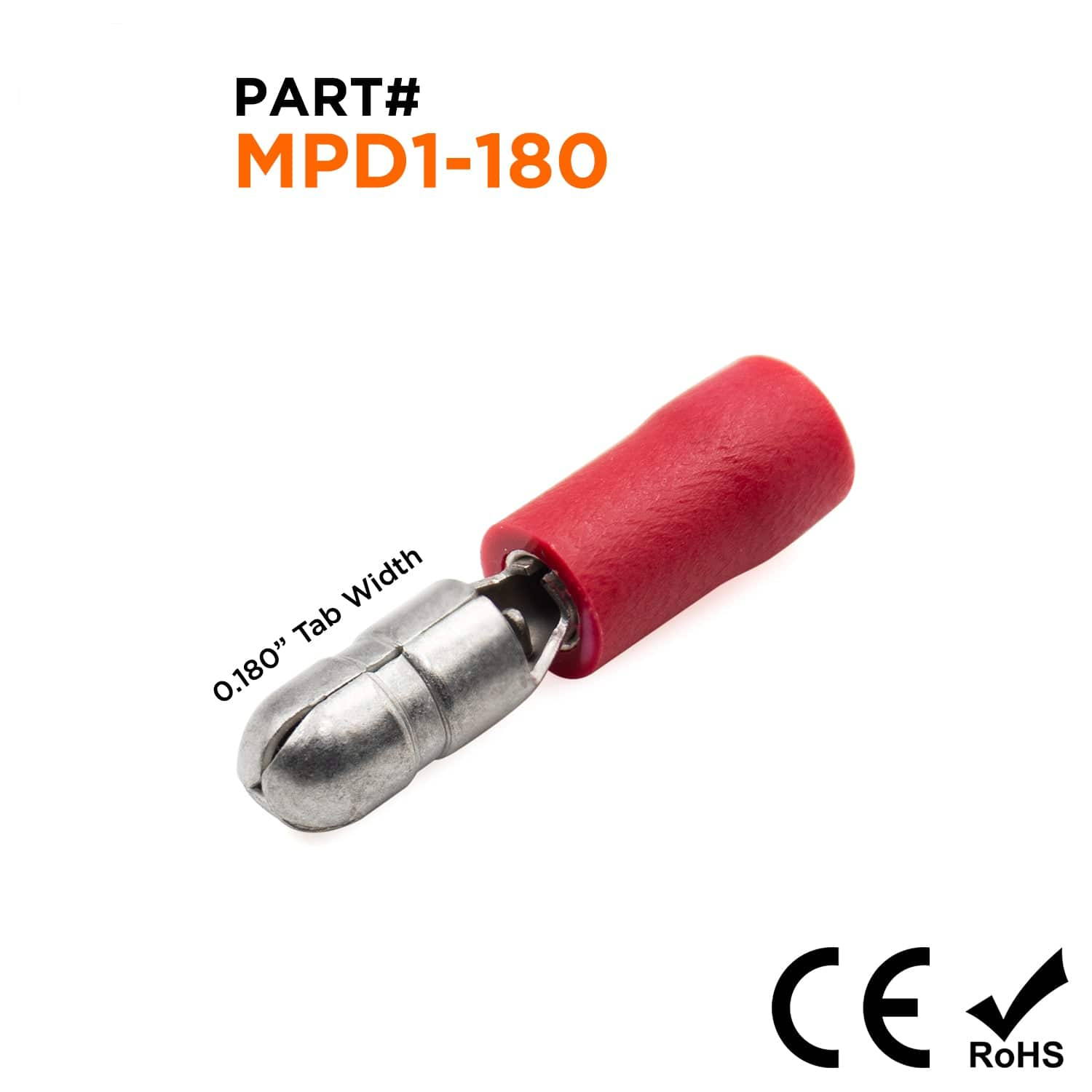 MPD1-180 - 22 a 16 Con aislamiento de vinilo Male Conectores tipo bala, Double Crimp, 100 piezas