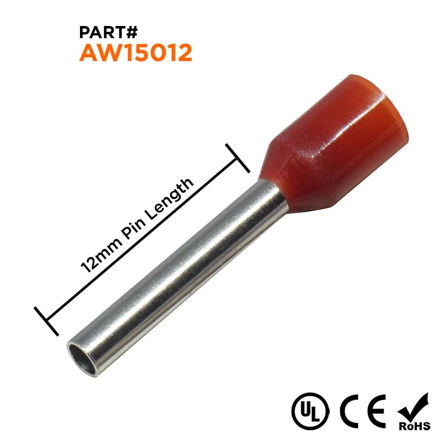 AW15012 - 16 AWG Insulated Punteras, 12mm Pin, Rojo, UL Recognized, 500 piezas