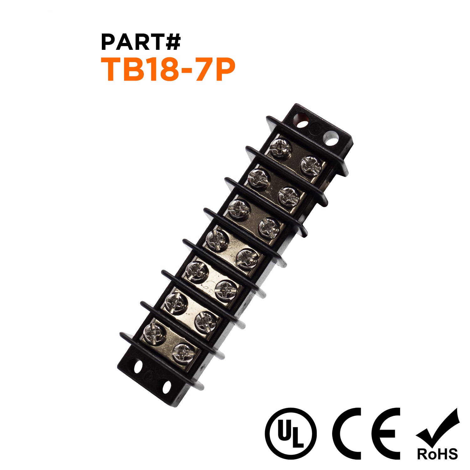 TB18-7P - Barrier Strip Terminal Block, Terminal Strip, 7 Pole, Double Row, 20A, 300V, UL Approved, 1 Piece