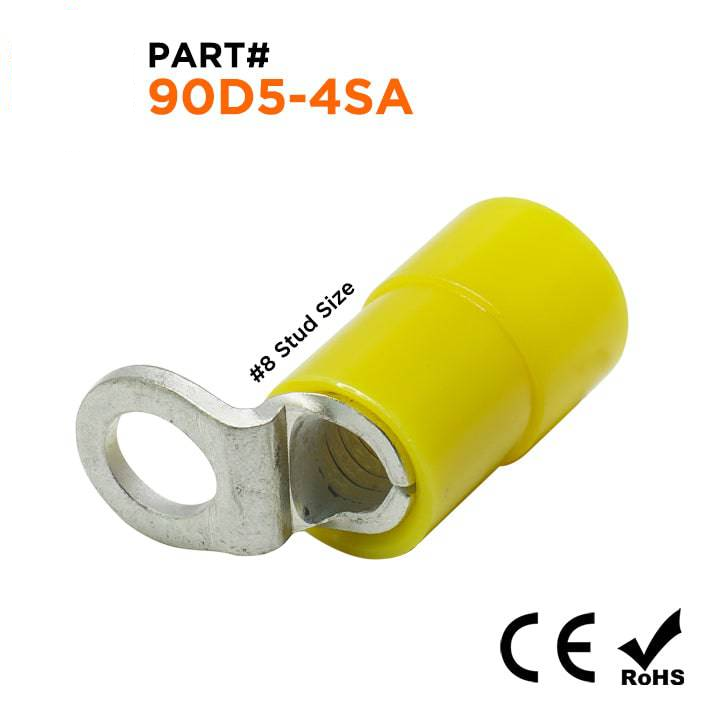 90D5-4SA - 12 to 10 AWG Right Angle Nylon Insulated Ring Terminals, #8 Stud, 50 Pieces