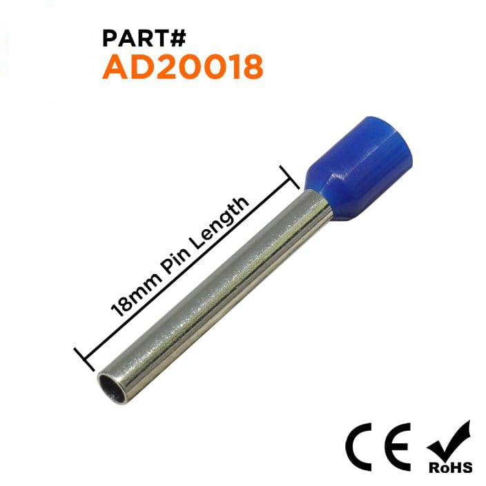 AD20018 - 14 AWG (Small Diameter) Insulated Wire Ferrules, 18mm Pin, Blue, 500 Pieces