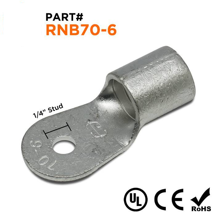 RNB70-6 - 2/0 AWG Sin aislamiento Terminales de anillo, 1/4" Orificio, UL Approved, 10 piezas