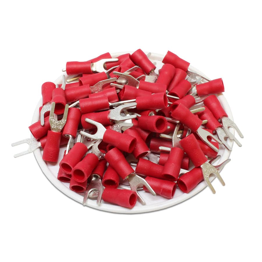 SVL1-37 - 22 a 16 AWG Vinyl PVC Insulated Terminales de horquilla, #6 Orificio, Rojo, 100 piezas