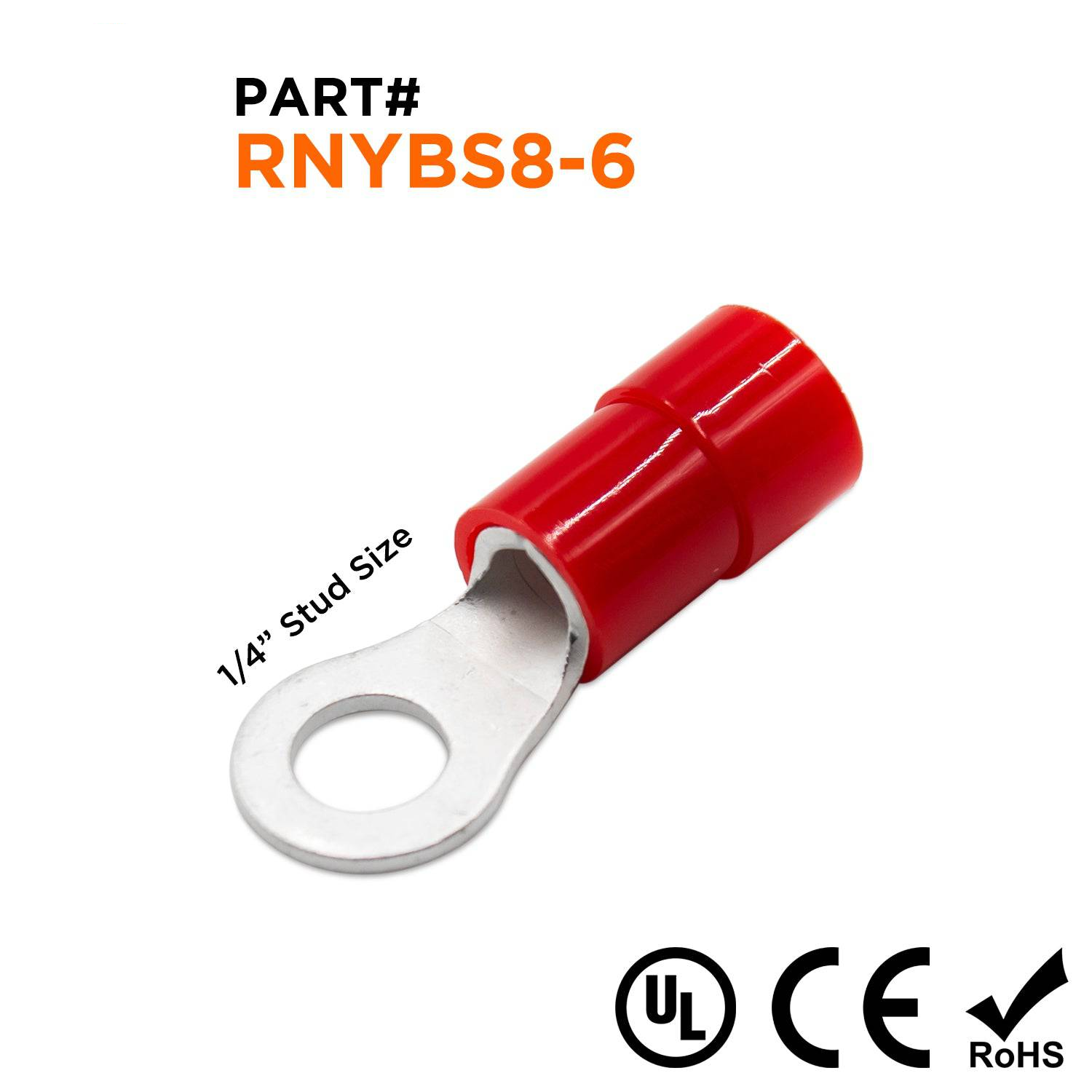 RNYBS8-6 - 8 AWG Nylon Insulated Ring Terminals, 1/4" Stud, Red, 10 Pieces