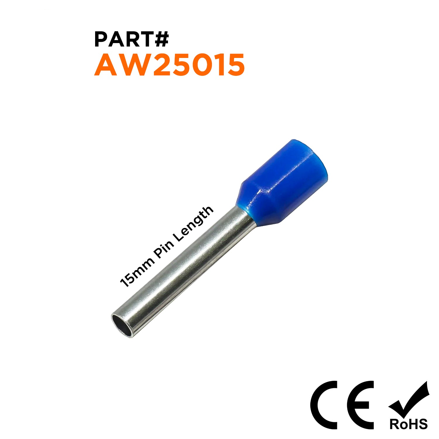 AW25015 - 14 AWG Insulated Punteras, 15mm Pin, Azul, 500 piezas