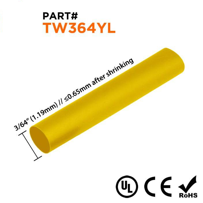 TW364YL - 3/64" De pared fina Tubo termorretráctil, 2:1 Relación de contracción, Amarillo, Bobina de 656ft