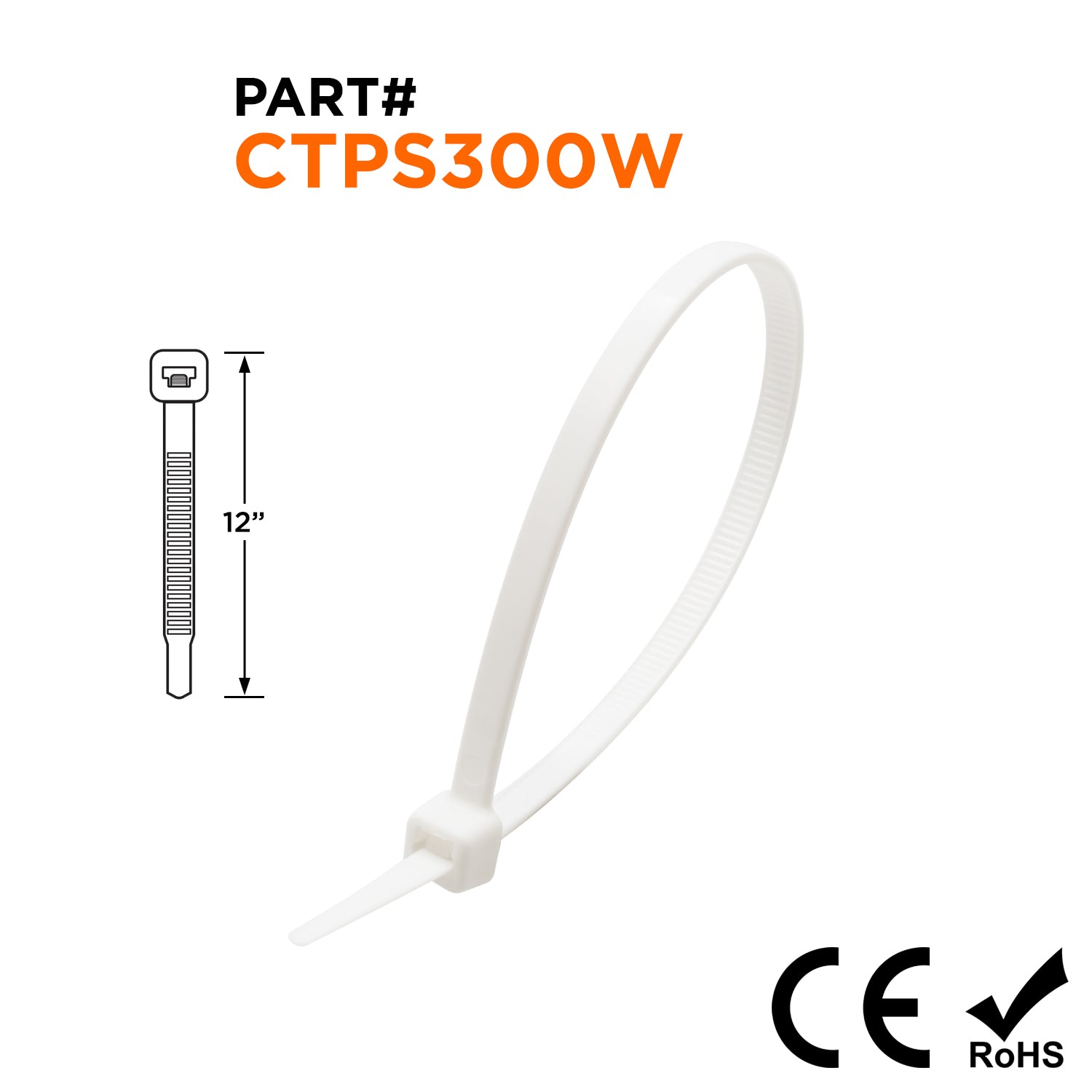 CTPS300W - 12" Polypropylene Standard Cable Ties, 30-lb Tensile Strength, White, 100-Pack