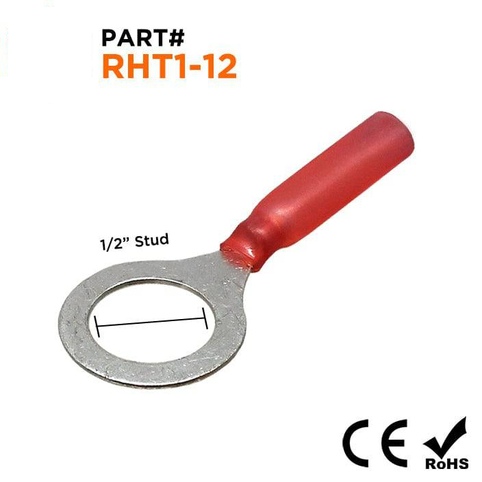 22 to 16 AWG Heat Shrink Ring Terminals, 1/2" Stud, Polyethylene, 25 Pieces - RHT1-12