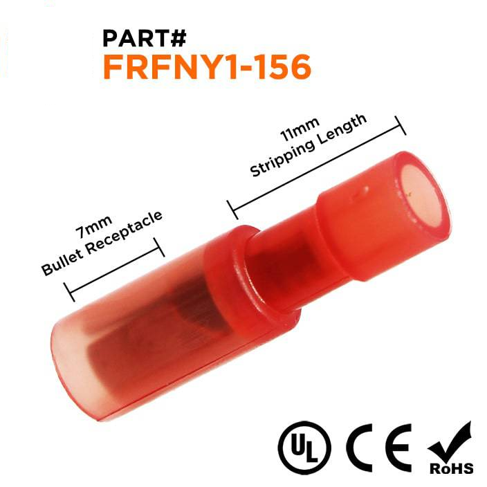 FRFNY1-156 - 22 to 16 AWG Fully Insulated Bullet Connectors, Nylon, Female, 100 Pieces