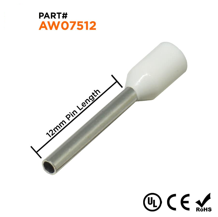 AW07512 - 20 & 18 AWG Insulated Punteras, 12mm Pin, Blanco, UL Recognized, 500 piezas