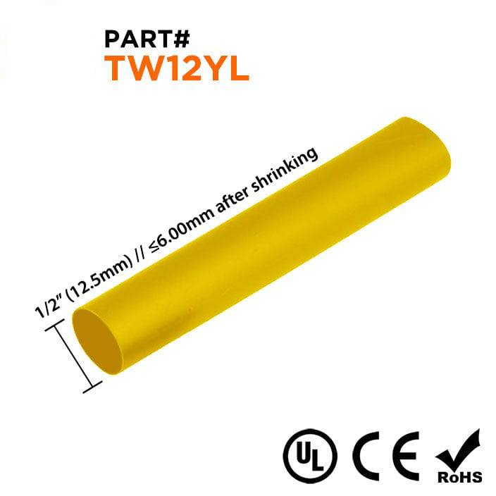 TW12YL - 1/2" De pared fina Tubo termorretráctil, 2:1 Relación de contracción, Amarillo, Bobina de 250ft